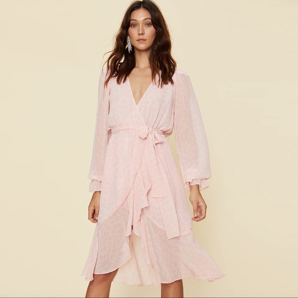 LPA pink leopard chiffon ruffle wrap duster dress - size small